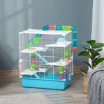 Small Animal Cage, 5-Level with Exercise Wheel, Light Blue + White Plastic