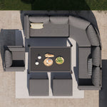 Garden Sofa Set Crescent 8-Person with Glass Table Weatherproof - Grey Cushions