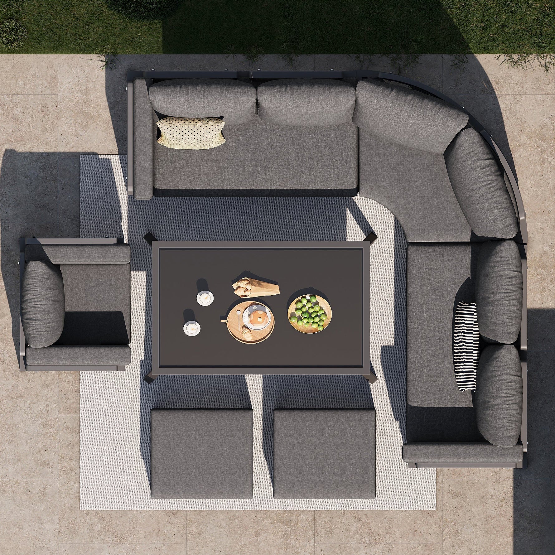 Garden Sofa Set Crescent 8-Person with Glass Table Weatherproof - Grey Cushions