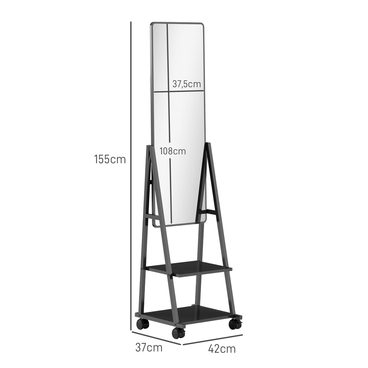 Full-Length Mirror, 42 x 155 cm with Shelf and Wheels, Black