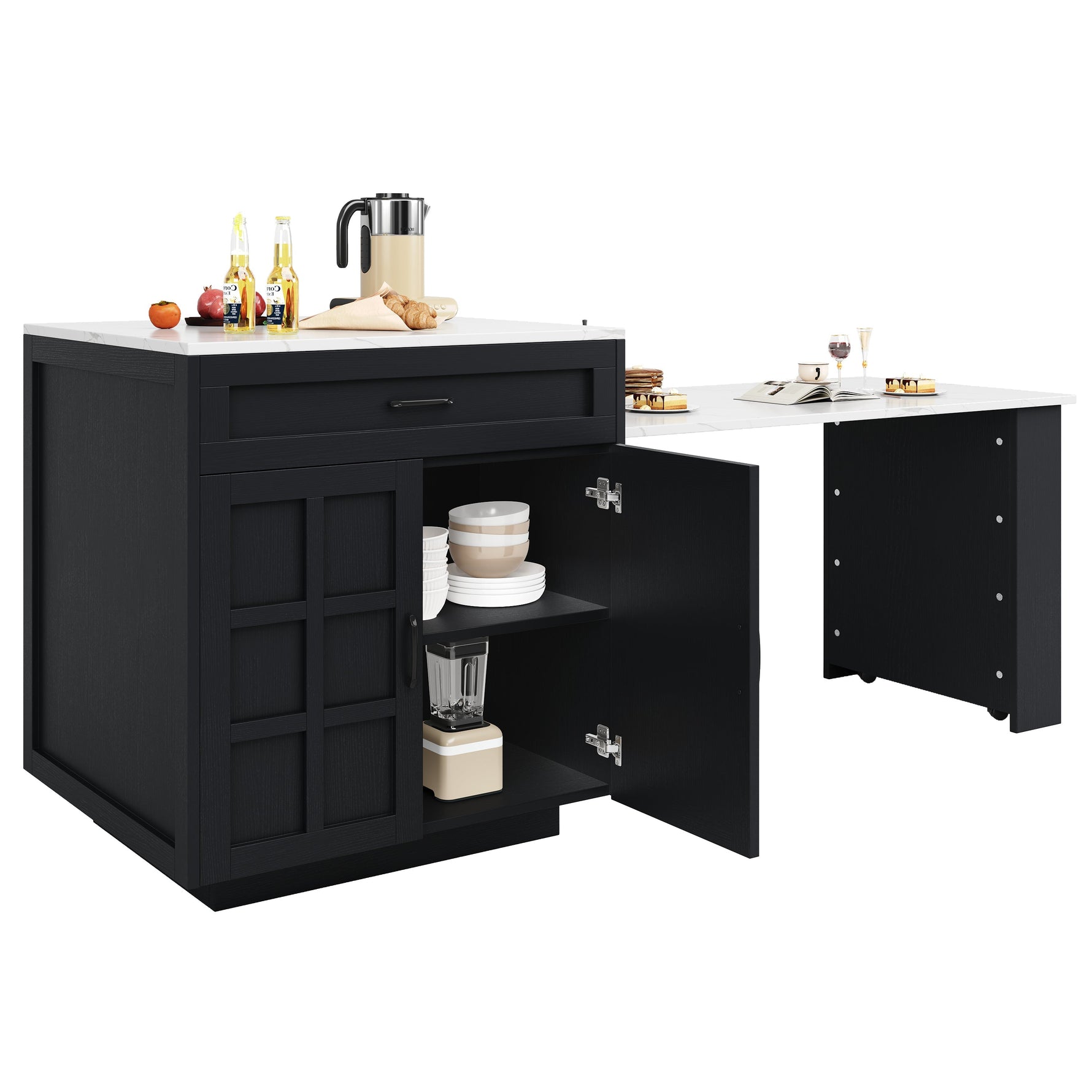Extendable Bar Table Kitchen Island with Storage, 2 Drawers & Shelves - Black