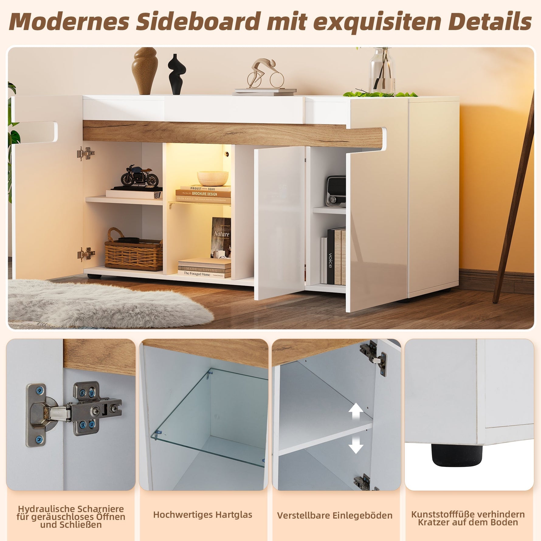 Sideboard 3-Door LED Control 140x40x70cm High-Gloss White