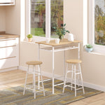 3-Piece Bar Table Set 2 Bar Stools Storage Shelf, MDF Steel, White + Oak