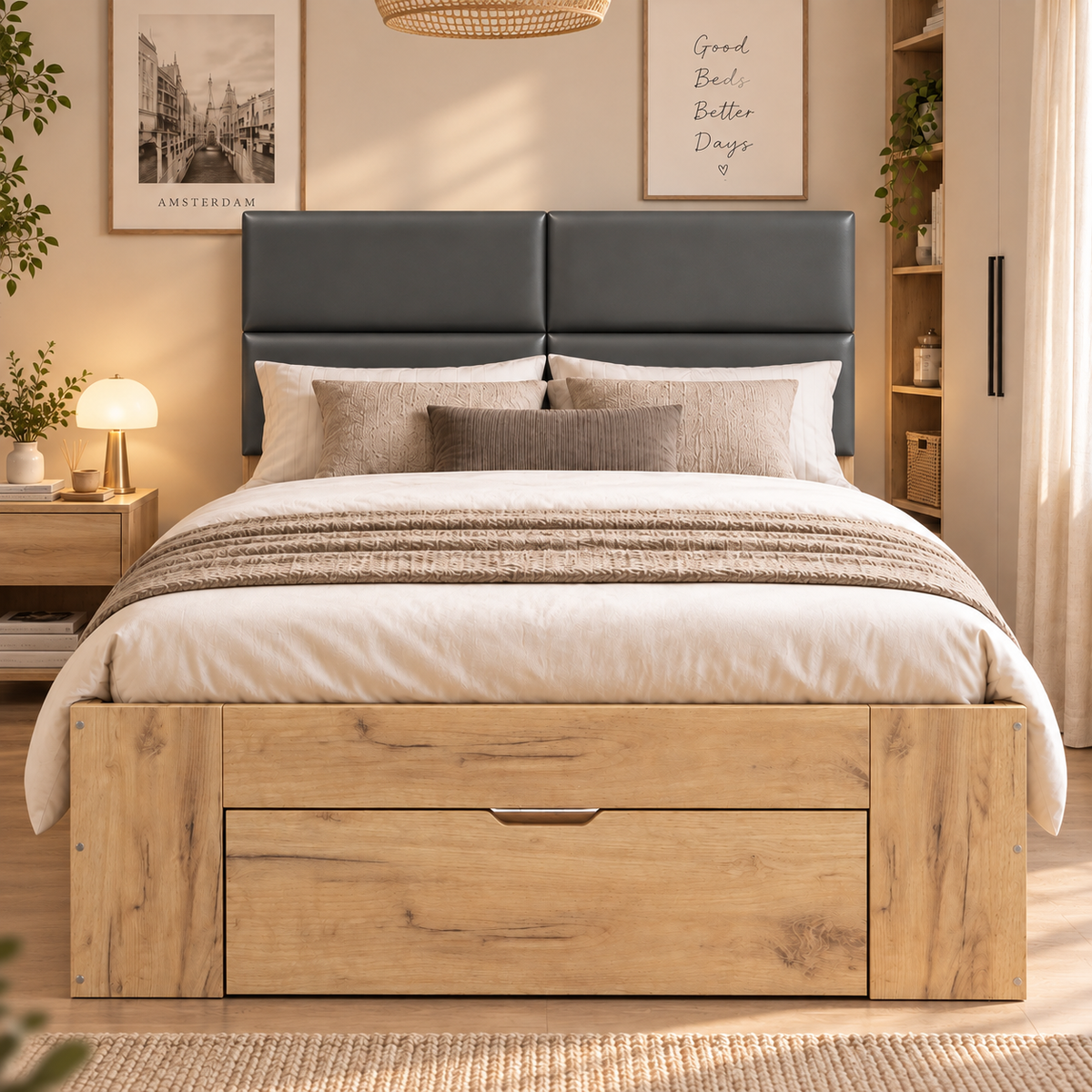 Single Storage Bed 90x200cm with USB & Drawers, Natural Wood