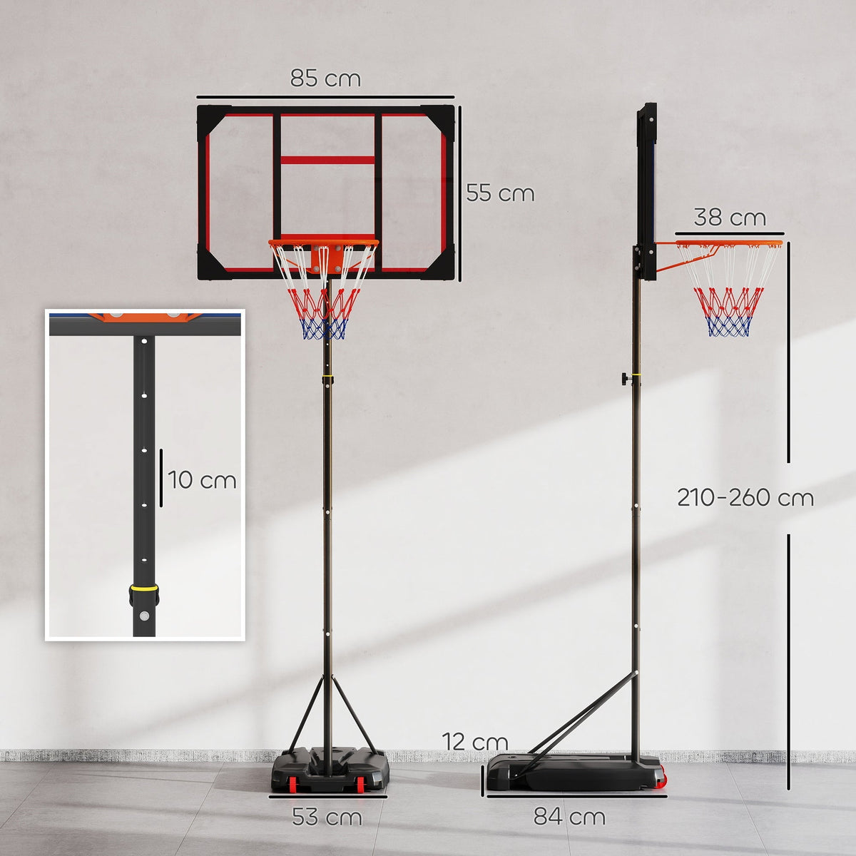 Outdoor Basketball Hoop, Height-Adjustable with Wheels, Red
