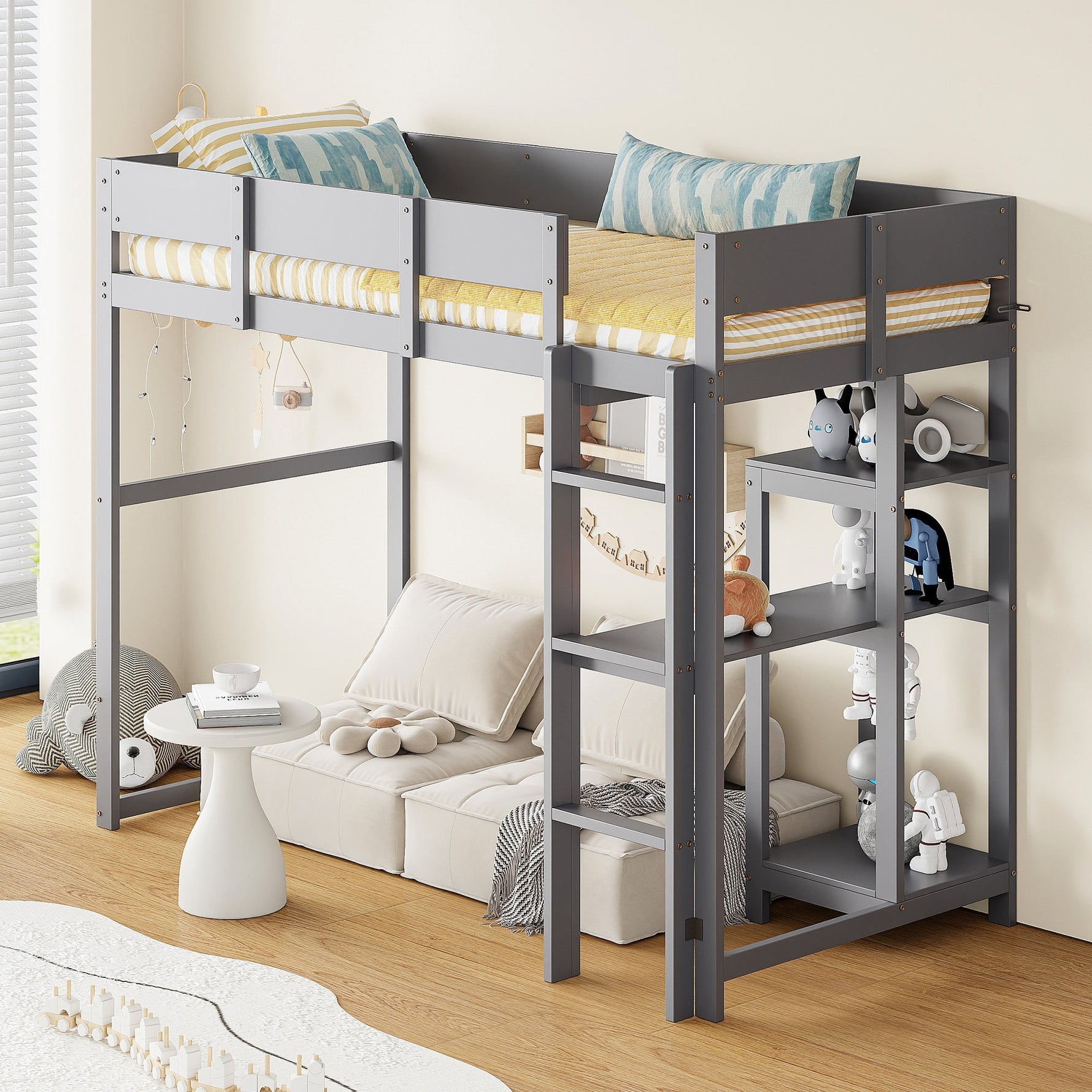 Loft Bed with Storage and Slatted Base, 90x200cm, Grey Pine Wood