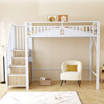 Metal Loft Bed, 90x200cm with Safety Enclosure, Ladder & Locker, White