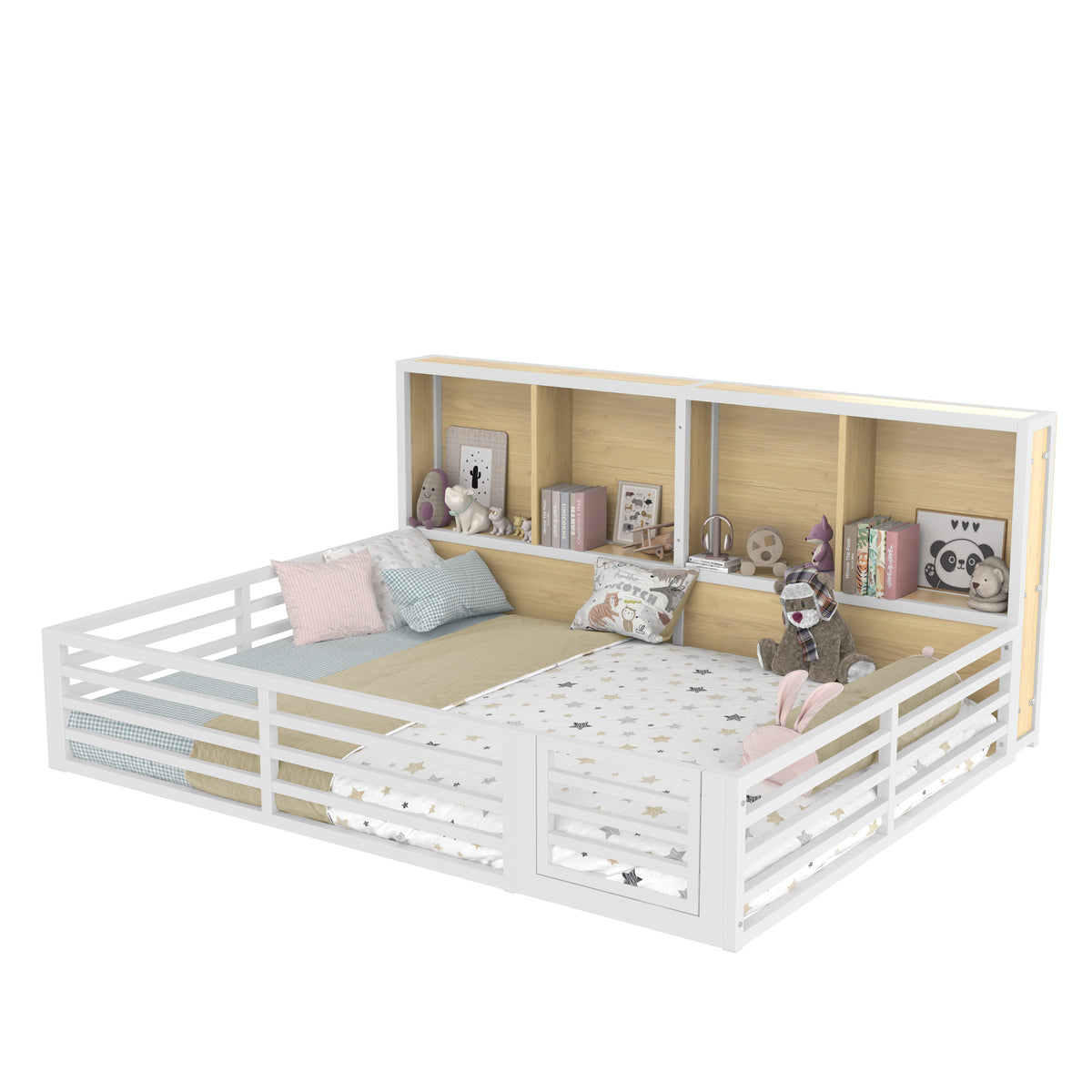 Fence Daybed Platform Bed 140x200cm with Storage, White Metal