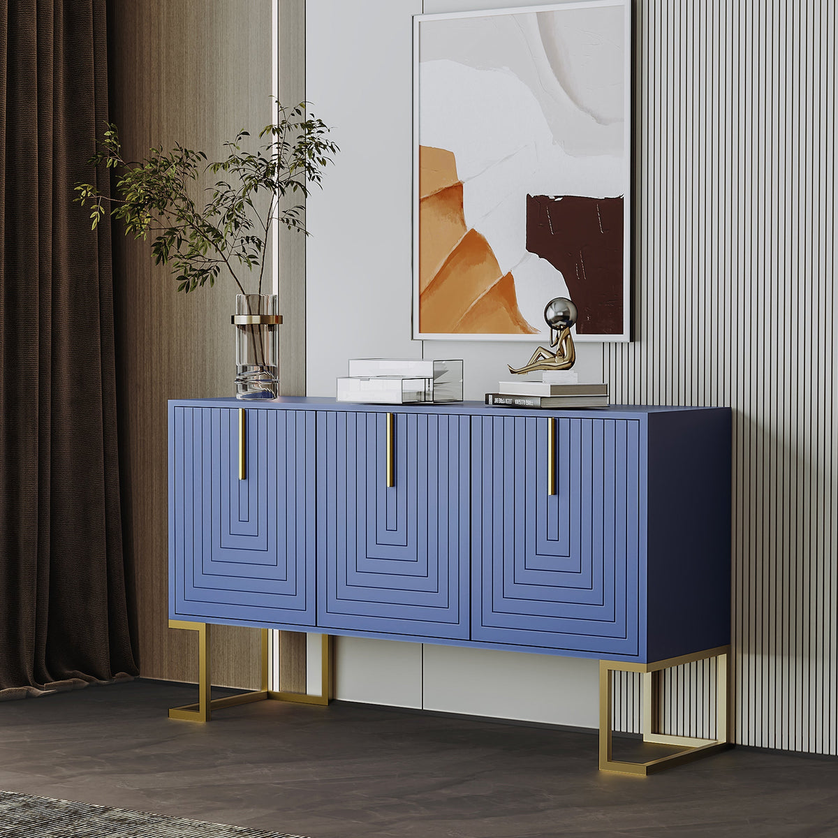 Sideboard, 3-Door Adjustable Shelves U-Shaped Metal, Navy Blue