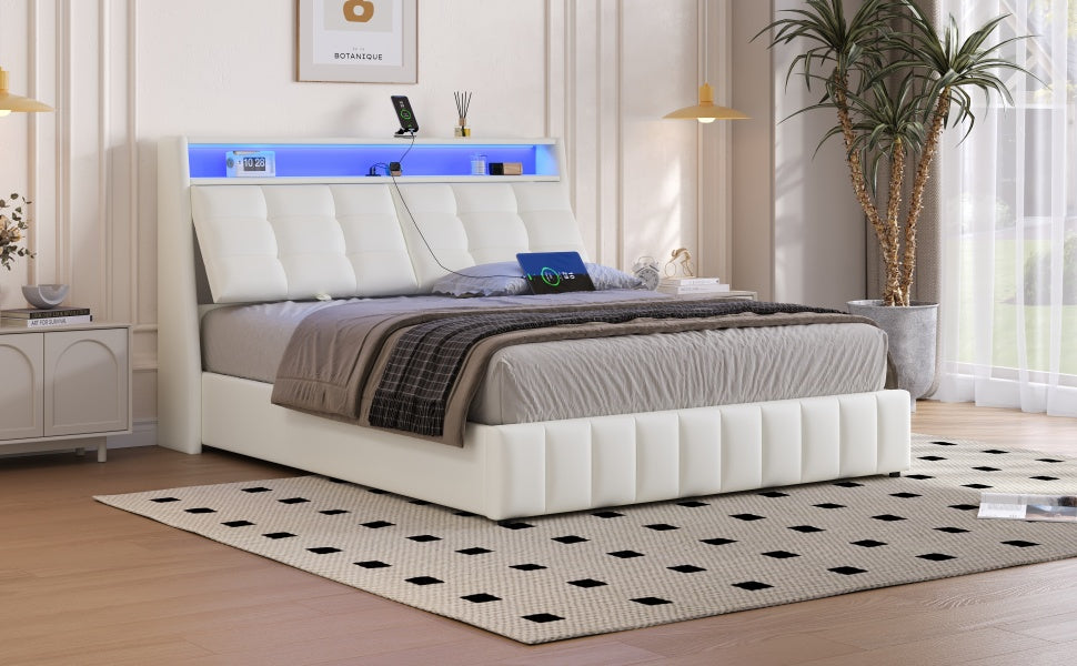 Upholstered Platform Bed 160x200 LED USB Storage Adjustable Headboard - White
