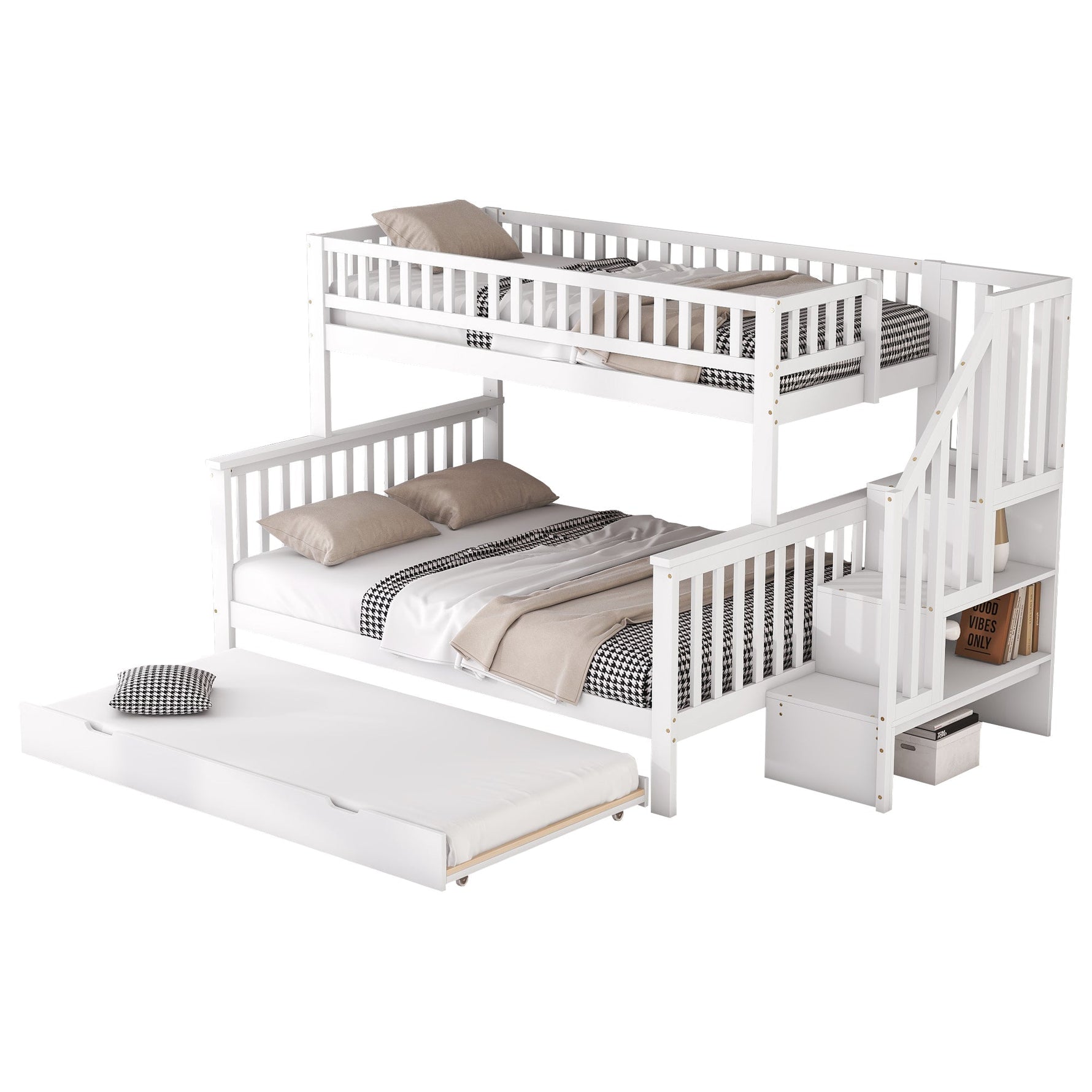 Bunk Bed with Rolling Container, Slatted Base and Storage Stairs, White Pine Wood