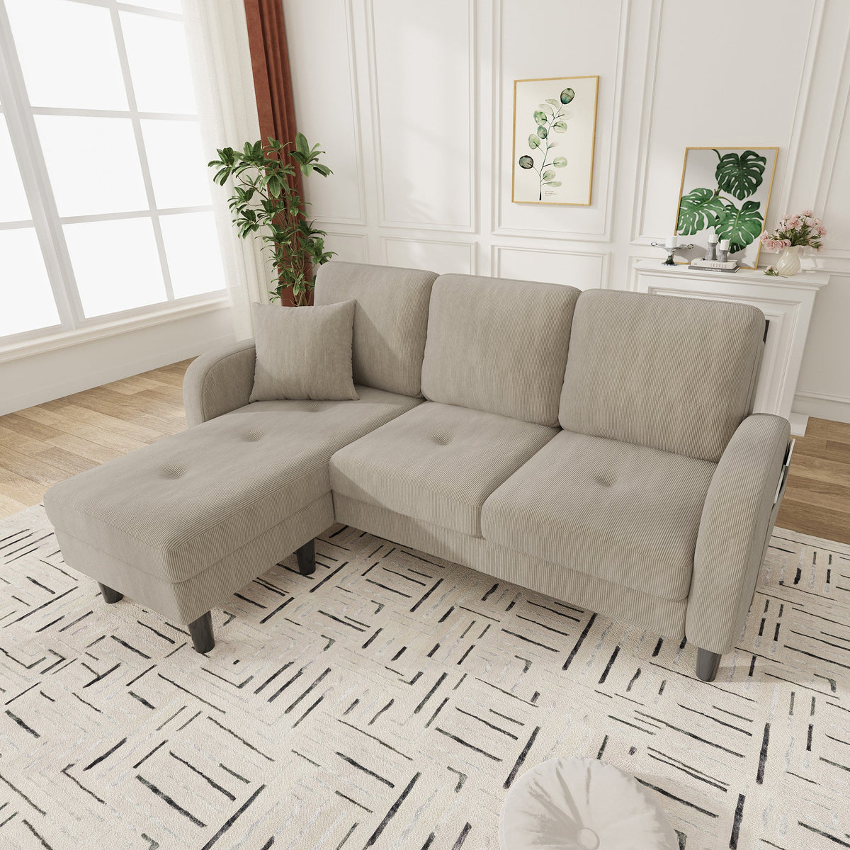 L-shaped Corner Sofa with Chaise Longue, 3-Seater Modular Design, Corduroy Fabric