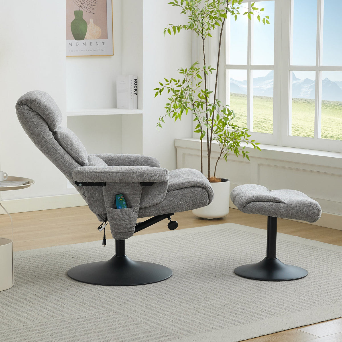 023 Recliner Chair, 5-Point Massage, Heated, 360° Swivel, Chenille Fabric Grey