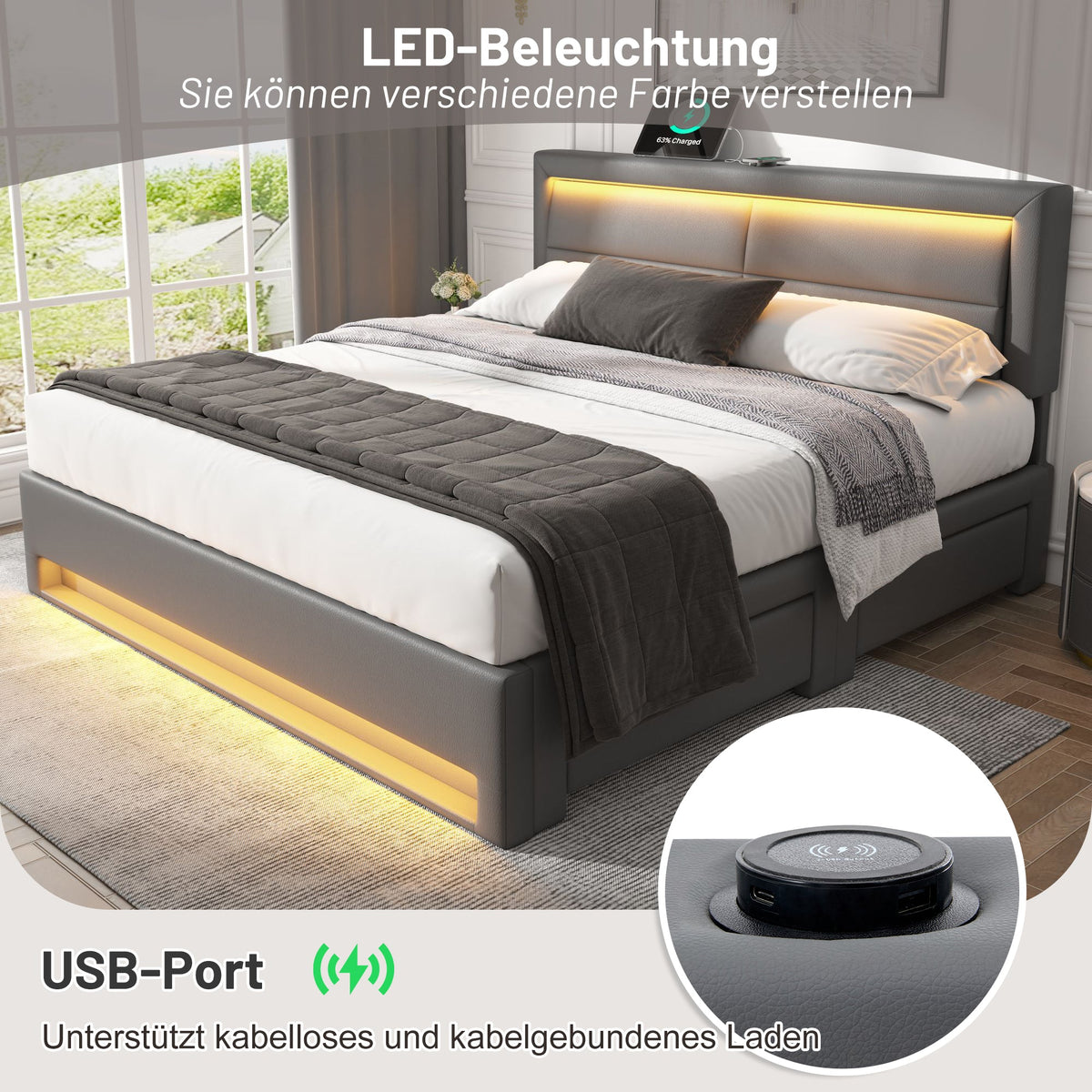 Lit capitonné 140x190cm, USB Charging, LED, Four Drawers, PU Litchi Gray