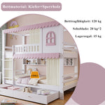 Bunk Bed, Children's with Windows, Curtains, Safety Gate & Storage, Pine + MDF, White + Pink