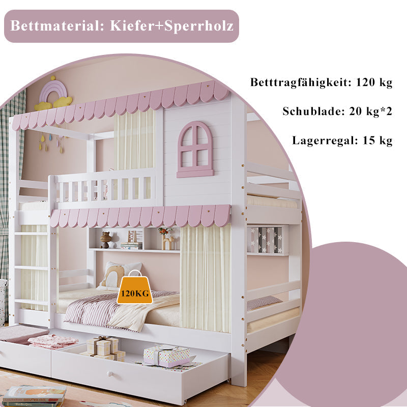 Bunk Bed, Children's with Windows, Curtains, Safety Gate & Storage, Pine + MDF, White + Pink