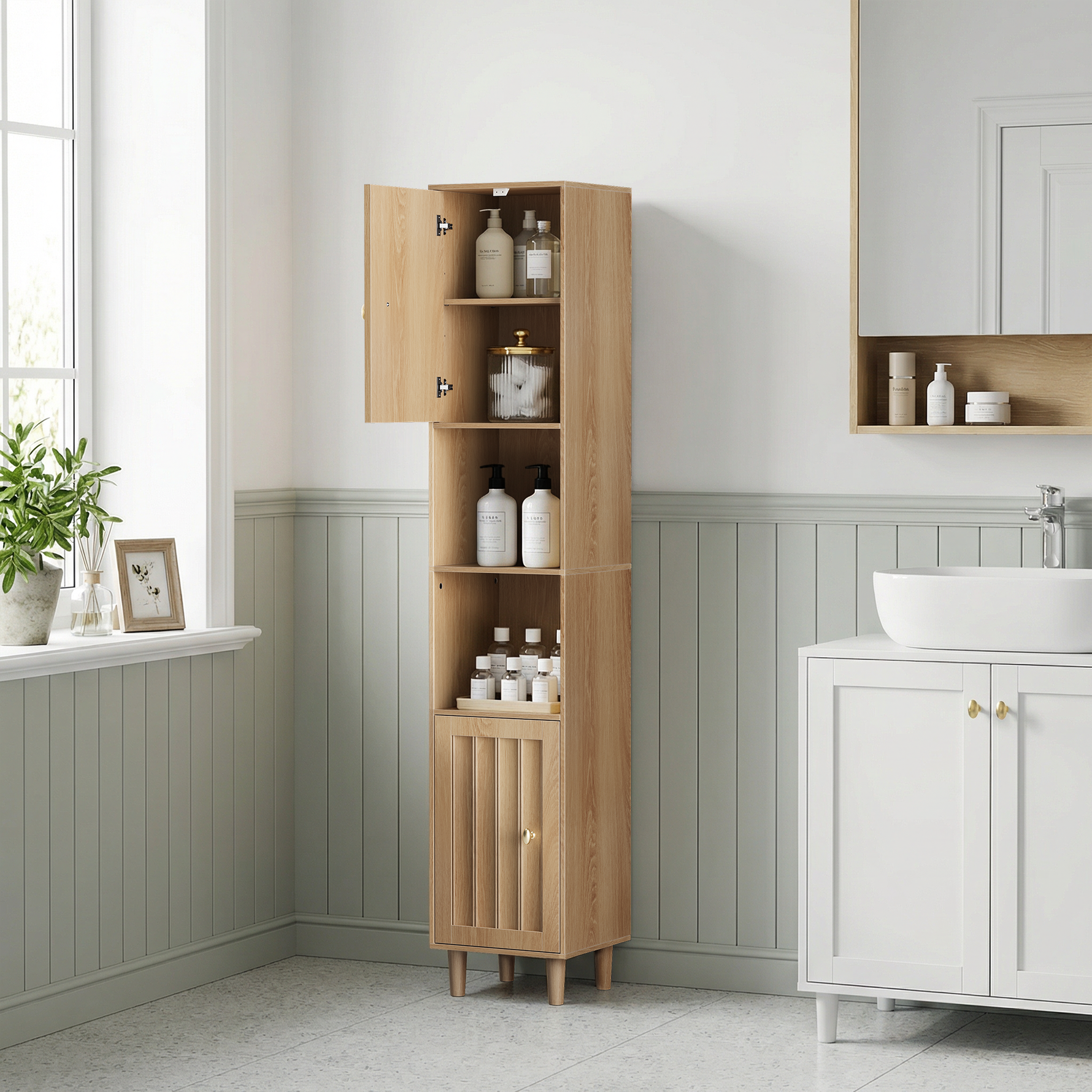 Tall Cabinet Washing Machine Cabinet with Doors and Open Shelves, Narrow Freestanding Storage, Oak Look