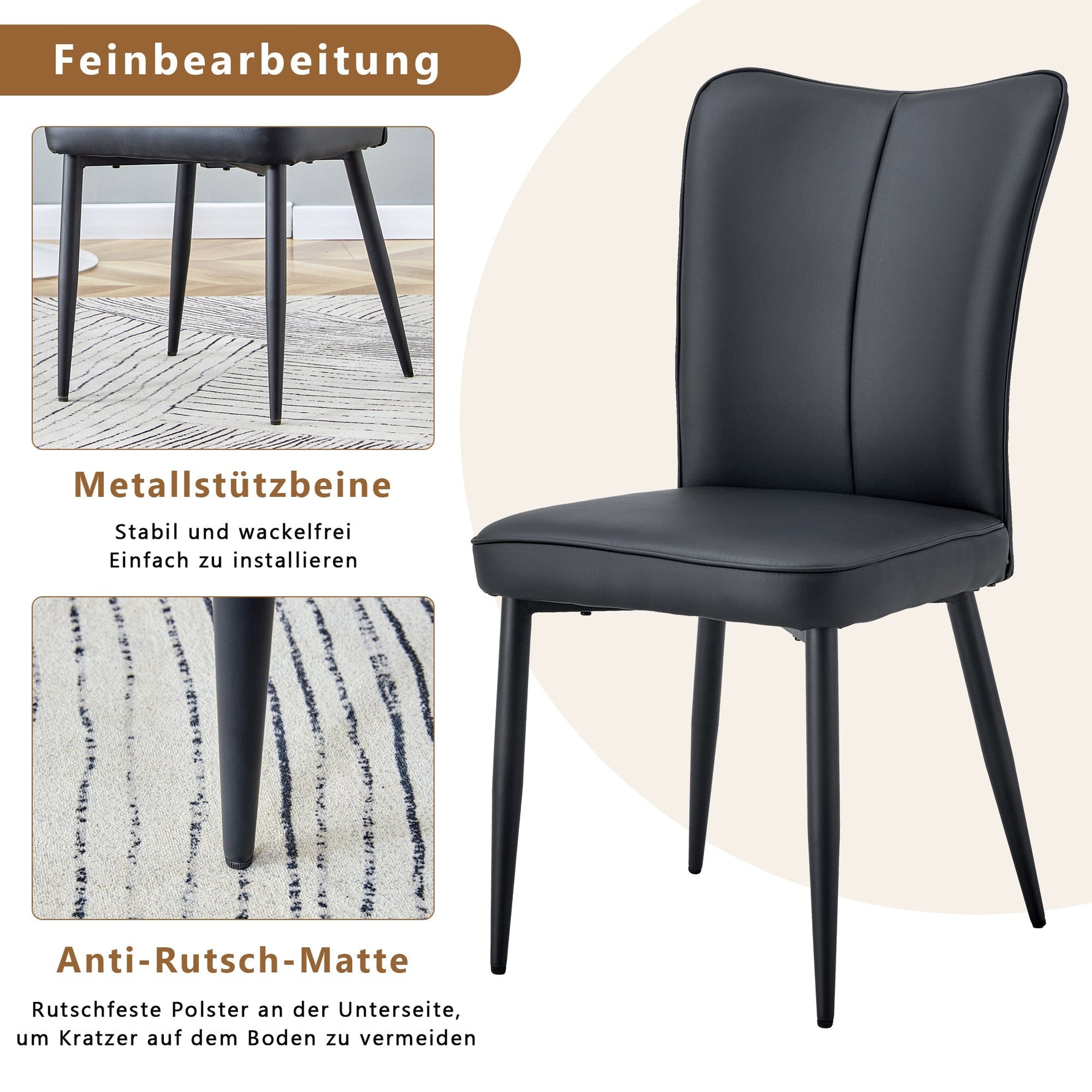 Dining Chair Modern Minimalist PU Leather Back Metal Legs - Black