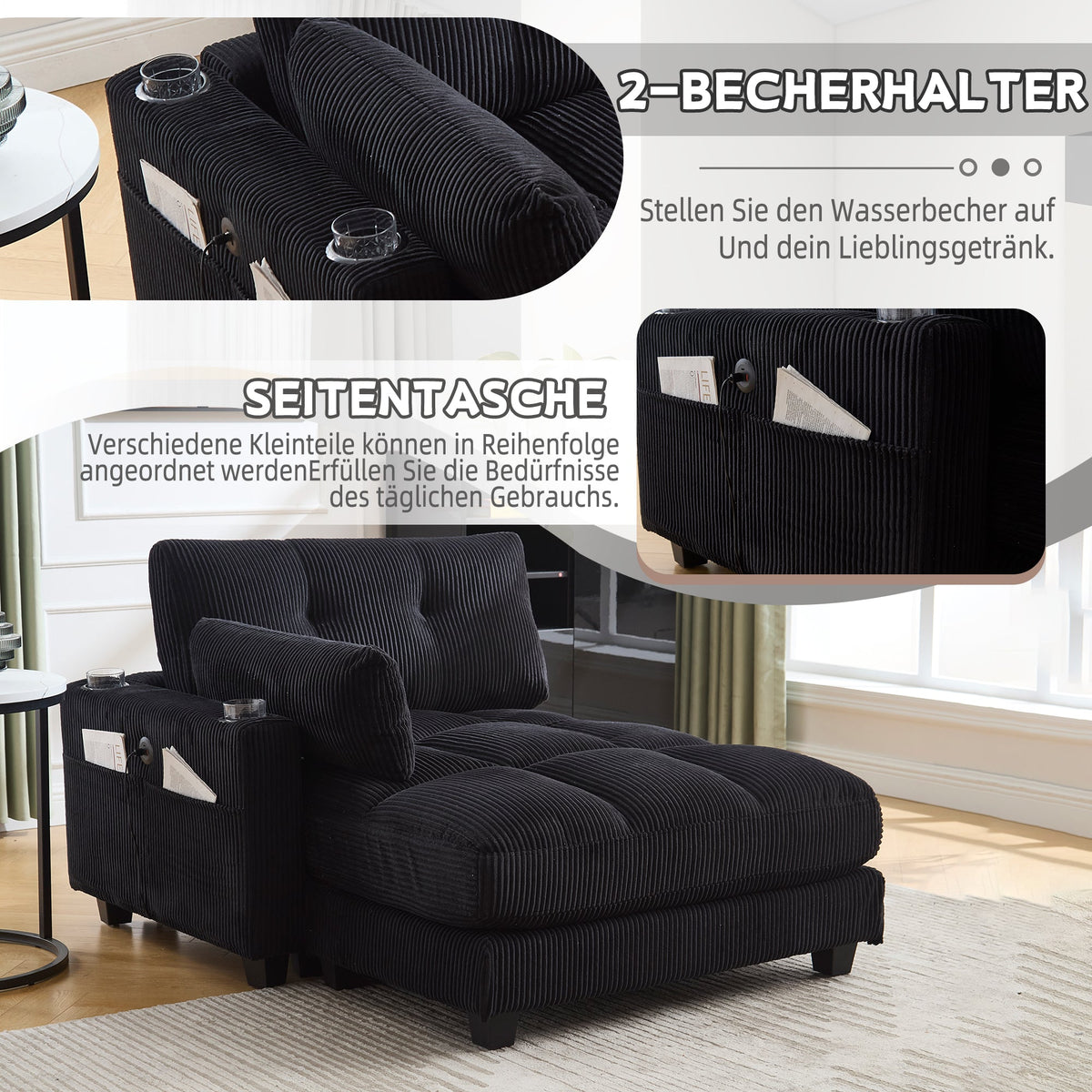 Palm Chair, Fluffy Striped Upholstery with Rolling Handrails, Black
