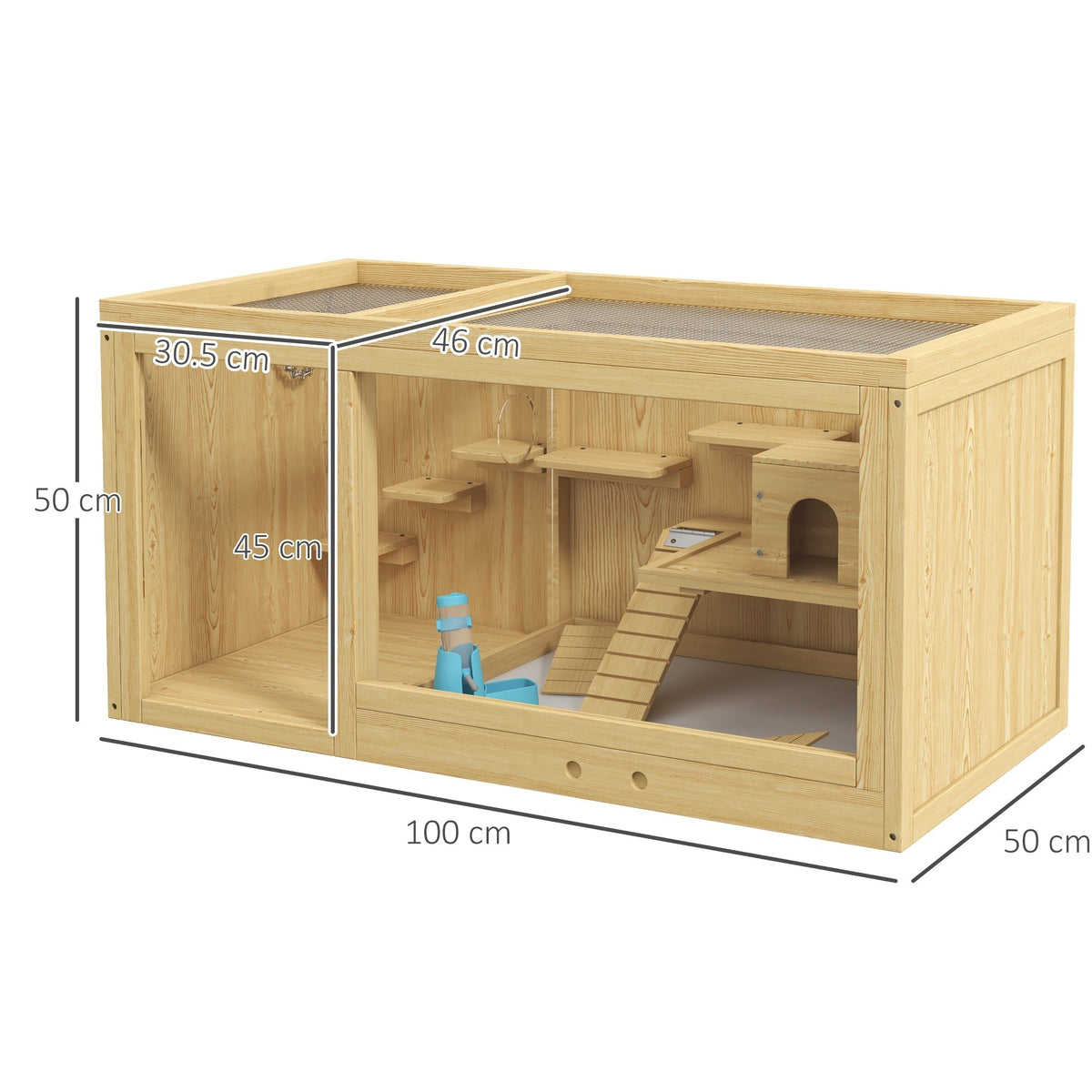 Hamster Cage, Playhouse Gerbils Swings Ladders Opening Roof, Natural Wood