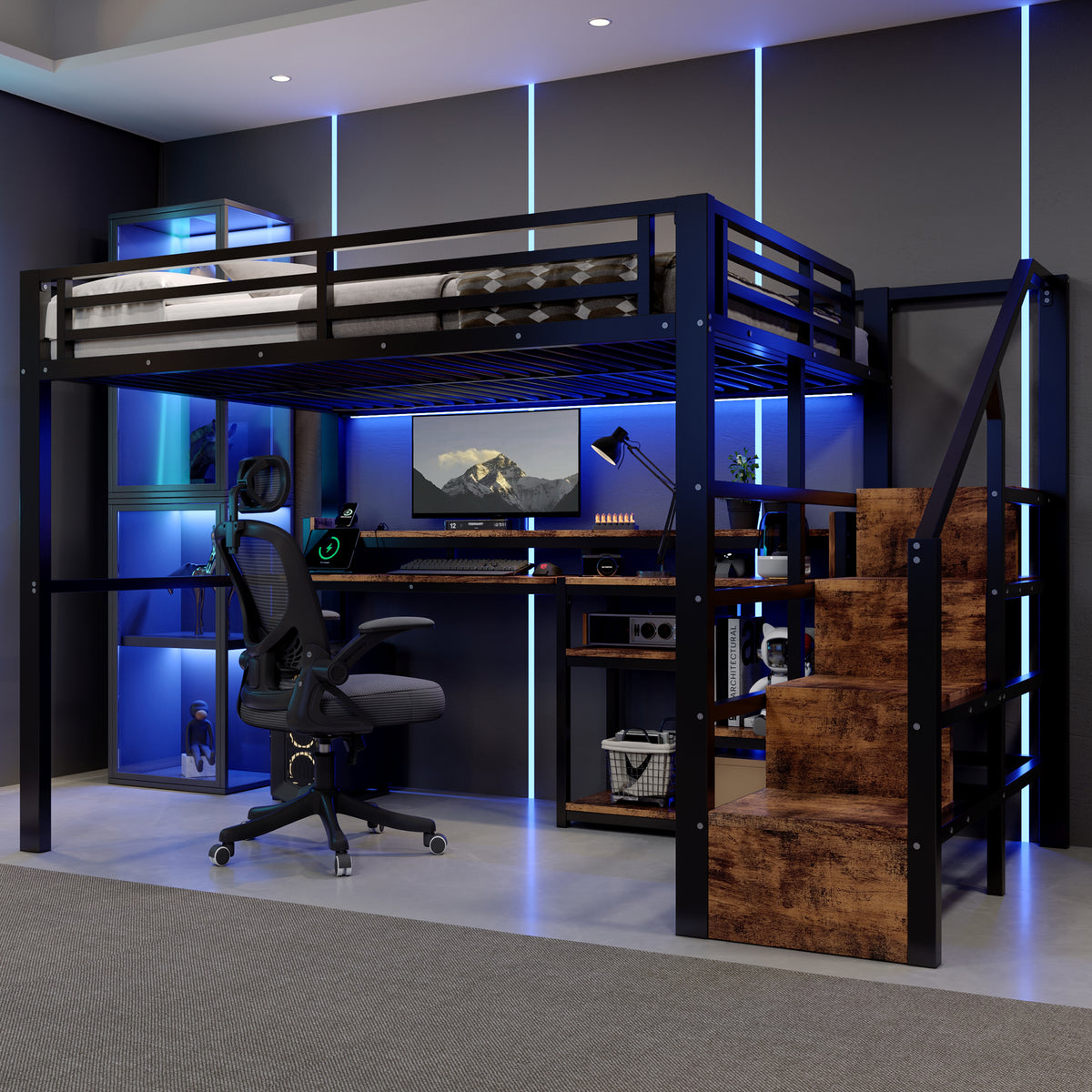 Loft Bed 140x200cm with Storage Cabinet & LED, Black Metal