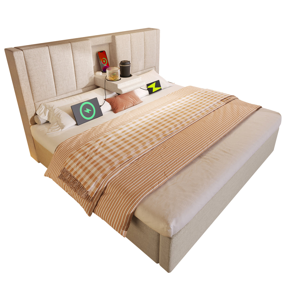 Upholstered Bed 140x190cm with Storage & Charging, Beige Linen