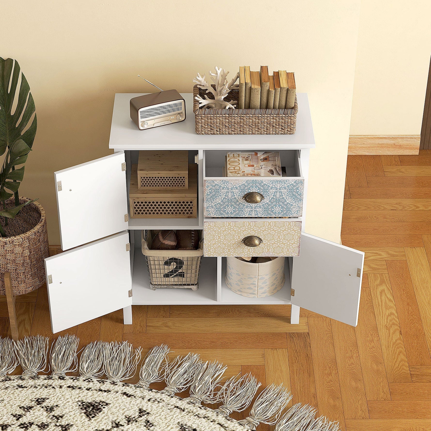 Chest of Drawers Storage Cabinet, 2 Drawers 3 Compartments, Anti-tip, White