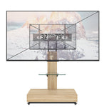 Mobile TV Cart - Height Adjustable Drawers for 32-75 Inch TVs - Natural Finish