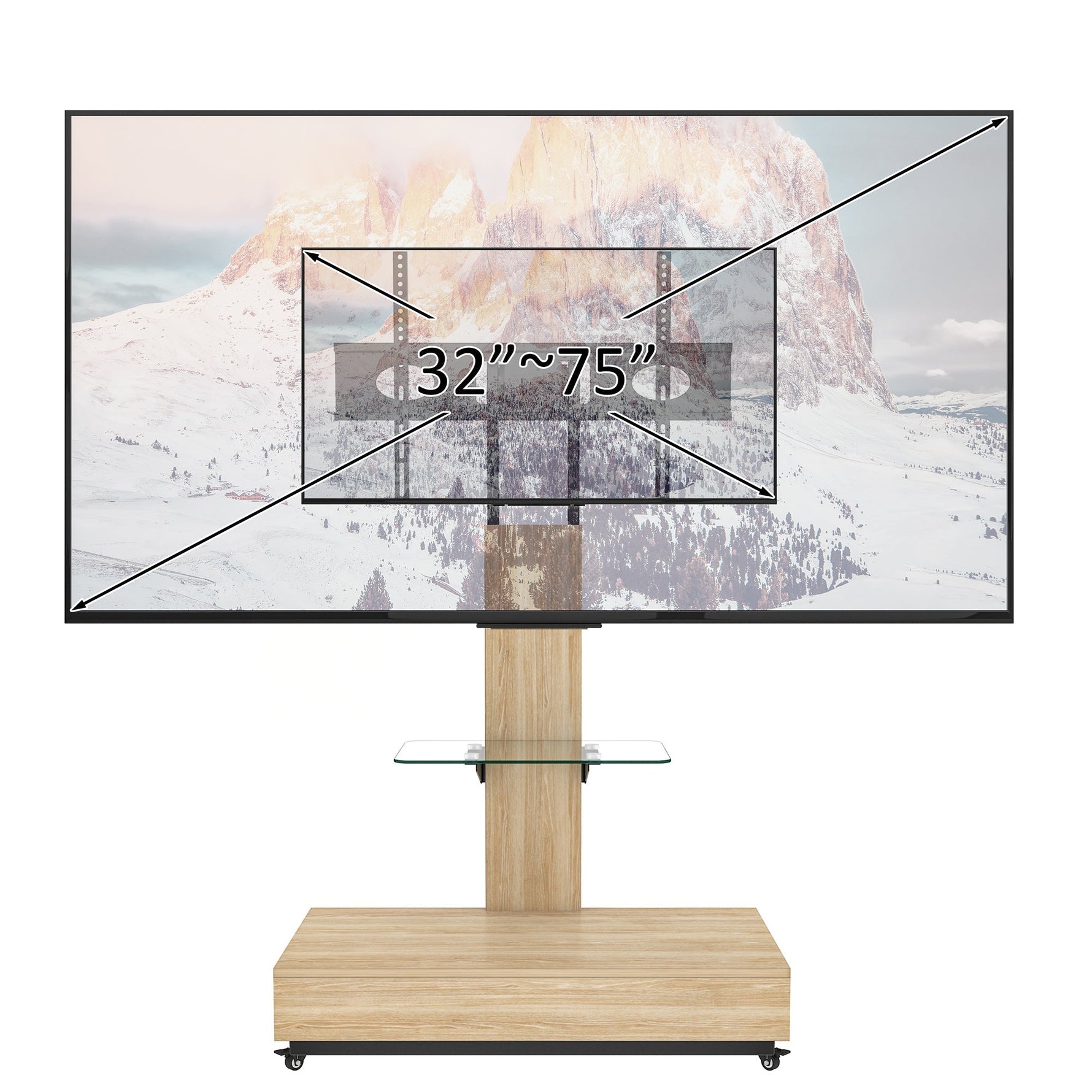 Mobile TV Cart - Height Adjustable Drawers for 32-75 Inch TVs - Natural Finish