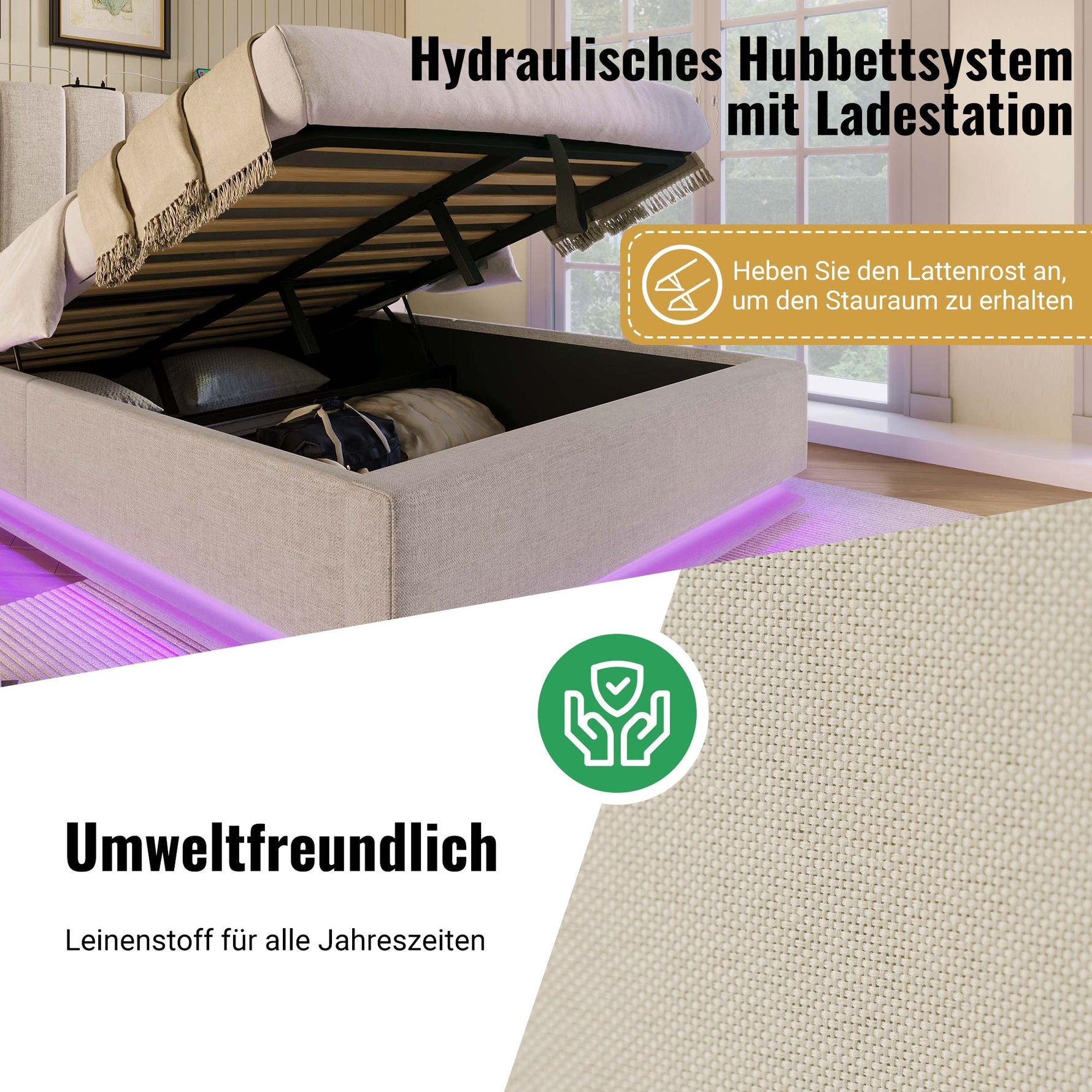 Upholstered Bed 160x200 Storage LED USB-C Slatted Base, Linen Beige