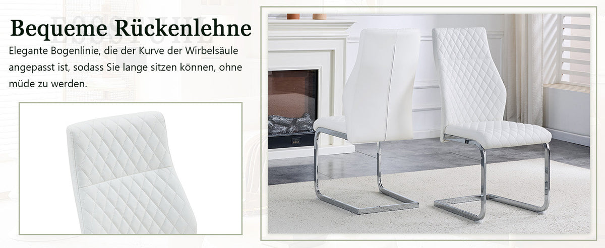 Dining Chair Set of 2 with High Backrest and Padded Seat, White PU Leather and Silver Metal