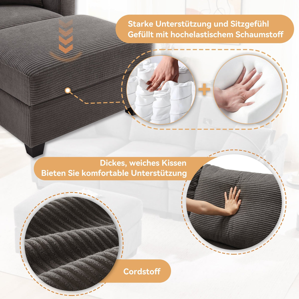 L-shaped Corner Sofa, Convertible 3-Seater with Footstool, Cup Holder, USB Charger, Armrest Storage, Dark Gray
