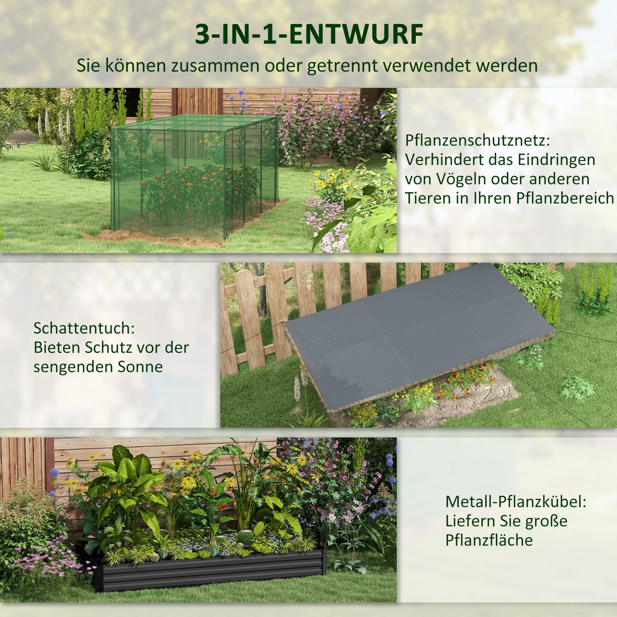 Raised Garden Bed, Steel, Bird Netting, 230x110x110cm, Dark Grey