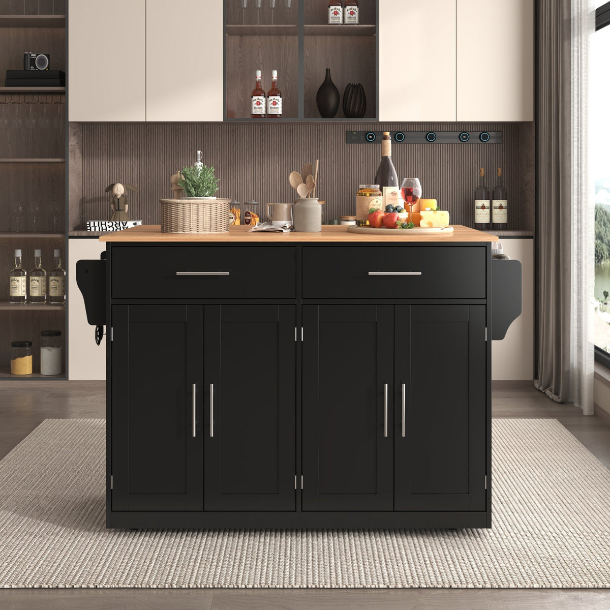 Serving Trolley 120cm Folding Tabletop Casters Wood Legs Black