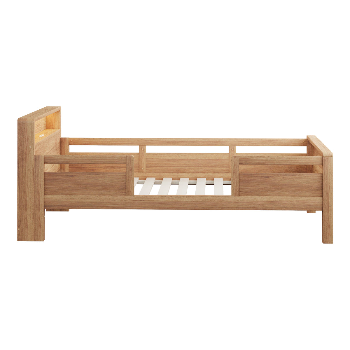Wooden Single Bed 90x200cm with USB, LED & Storage, Wood Color