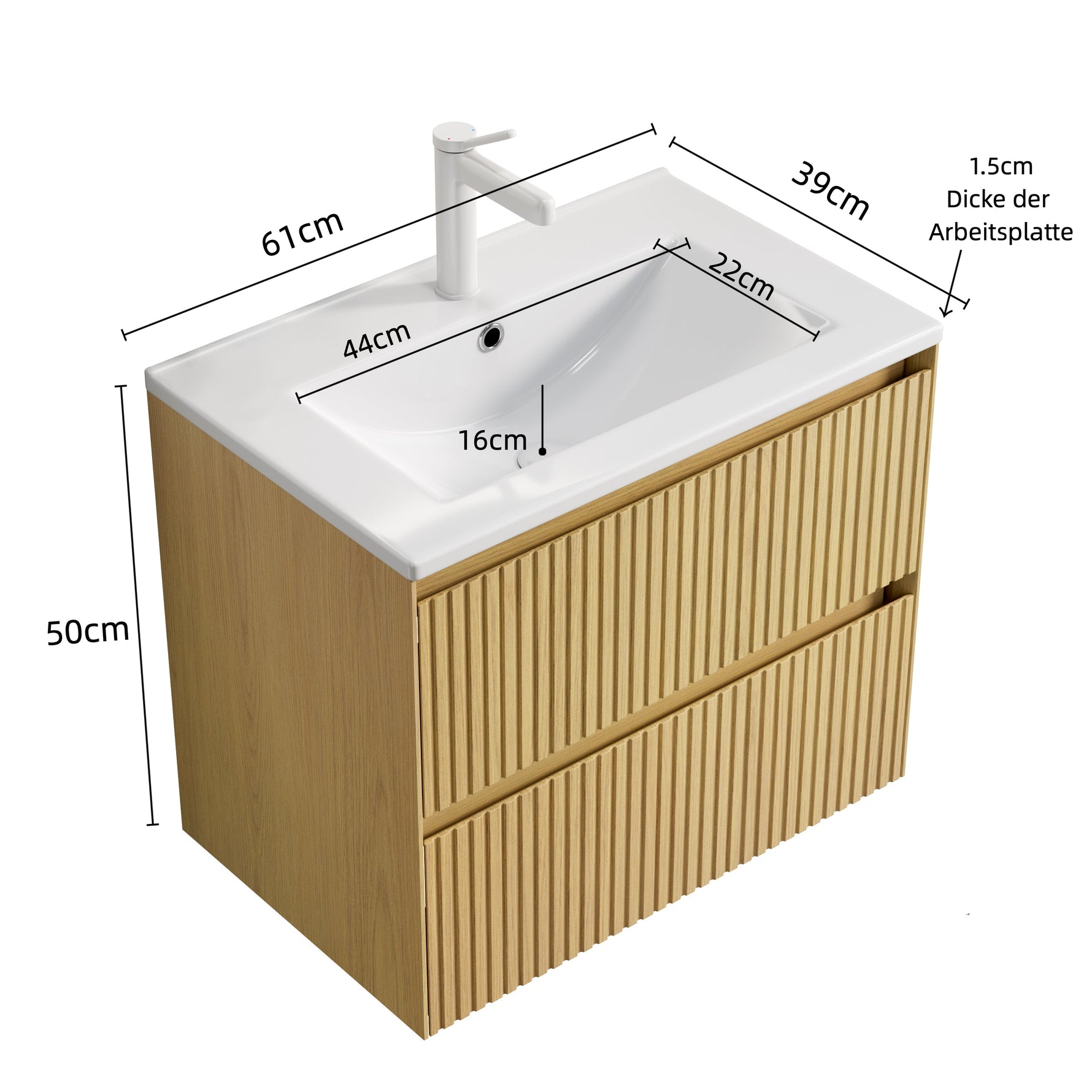 Wall-mounted Bathroom Vanity Unit with Ceramic Sink and 2 Drawers, Collora Wood Grain