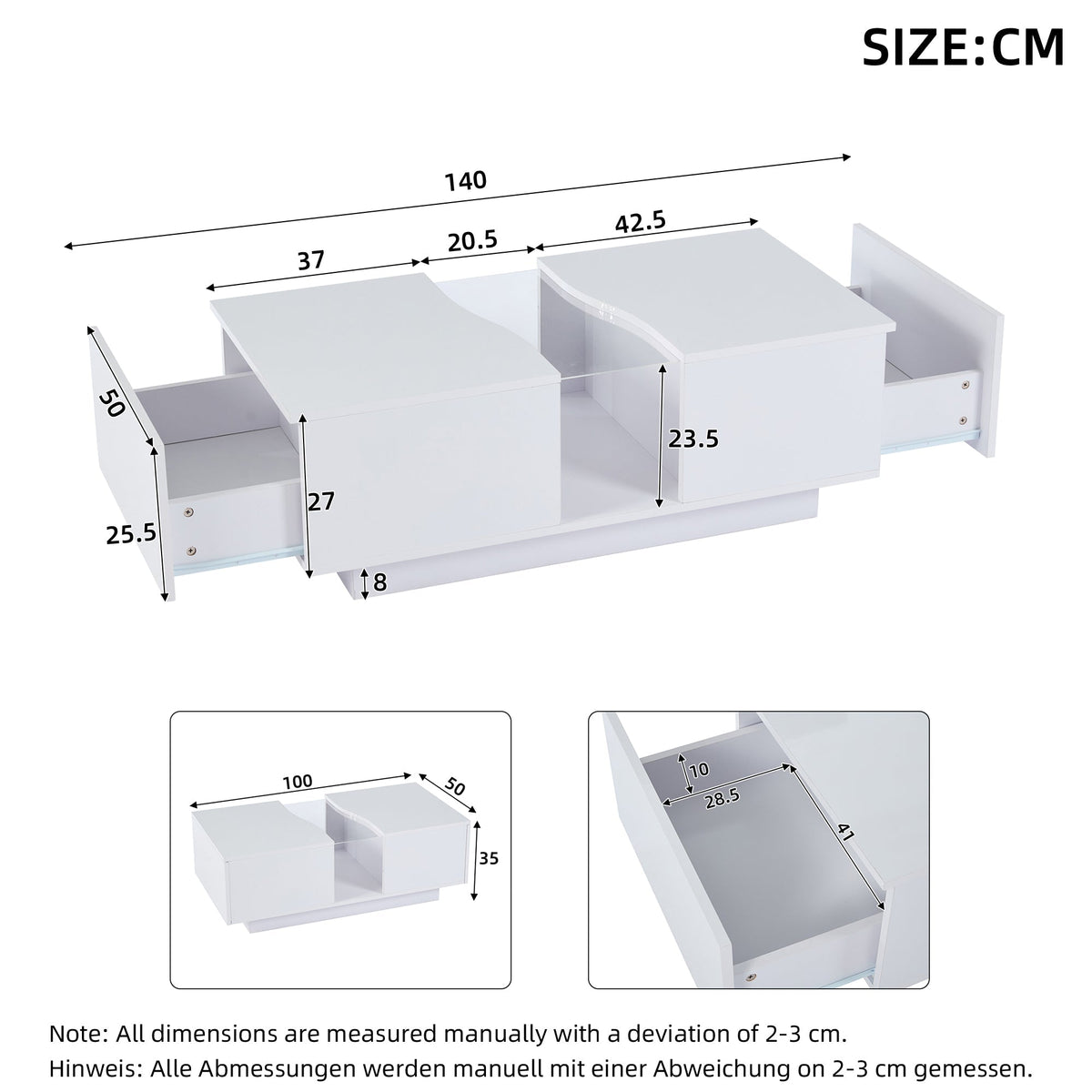 Modern LED Coffee Table, 2 Drawers 100x50x35cm, White High-Gloss MDF