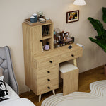 Modern Dressing Table with Retractable Mirror & Stool, Natural Wood