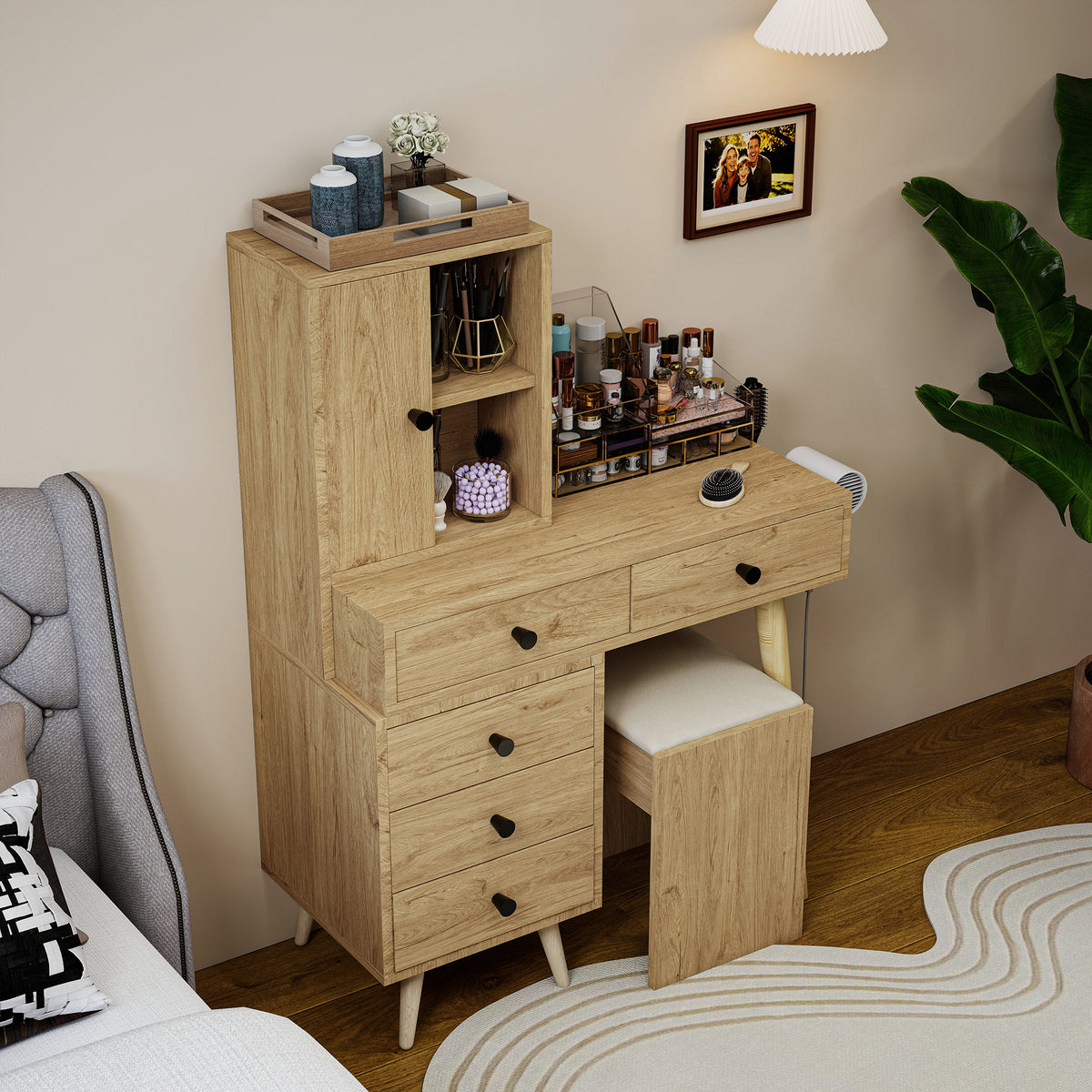 Modern Dressing Table with Retractable Mirror & Stool, Natural Wood