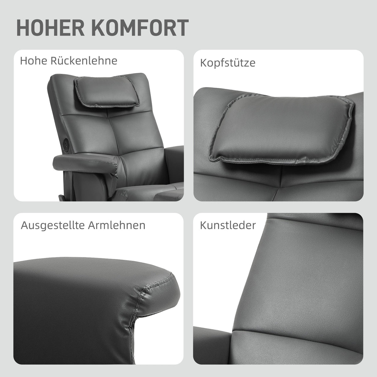 Recliner Chair with Reclining Function, Massage, Stool, Faux Leather, Dark Grey