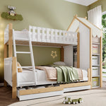 Bunk Bed 90x200cm/140x200cm, House Rail, Ladder, 2 Drawers, White + Natural Wood