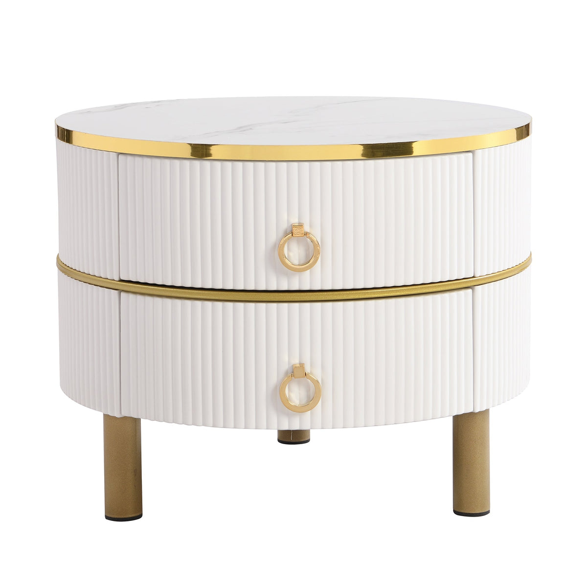Coffee Table, 2-in-1 Round MDF & Tempered Glass with 2 Drawers, White & Brown