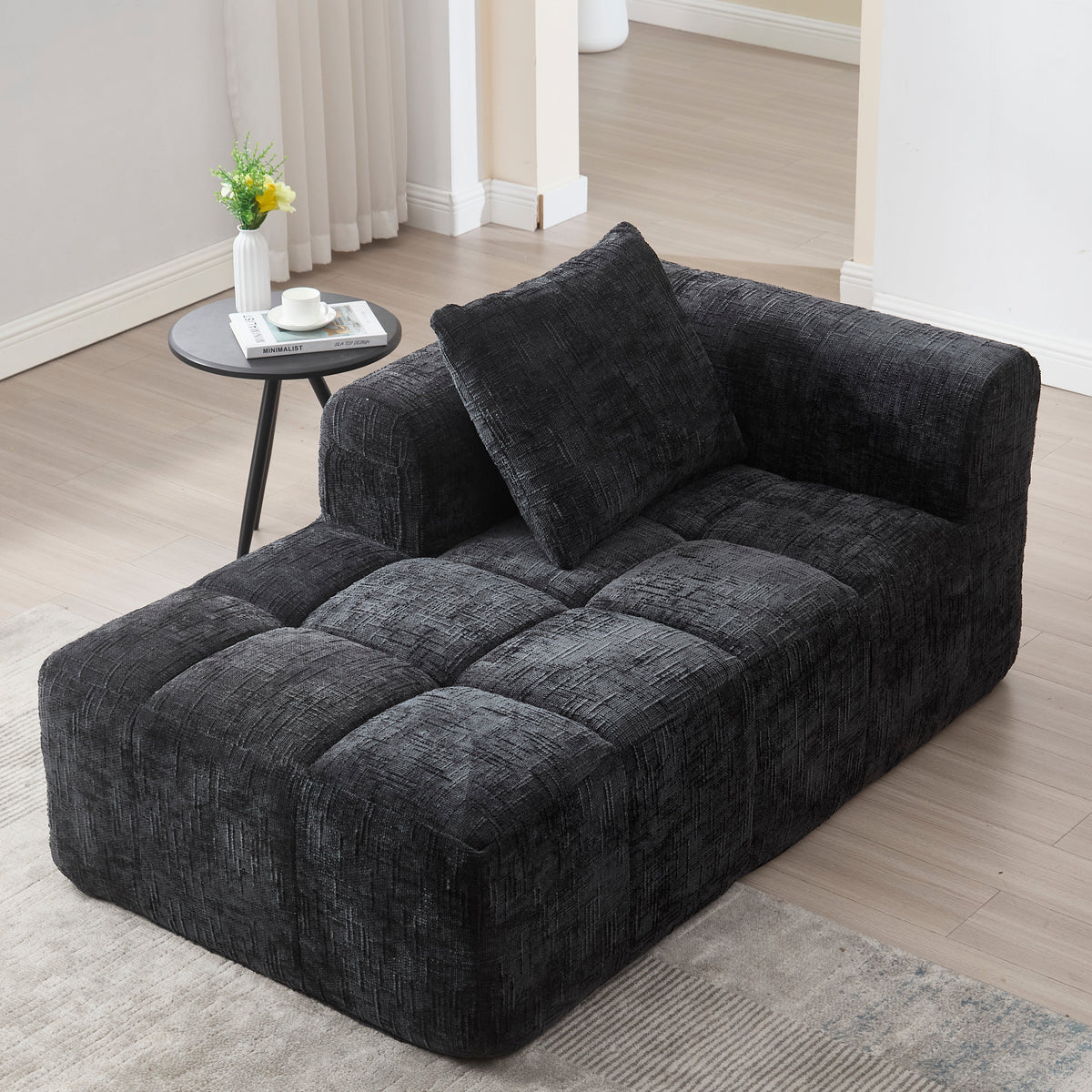 Chaise Longue Sofa, Soft Cushions Side Pockets, Black