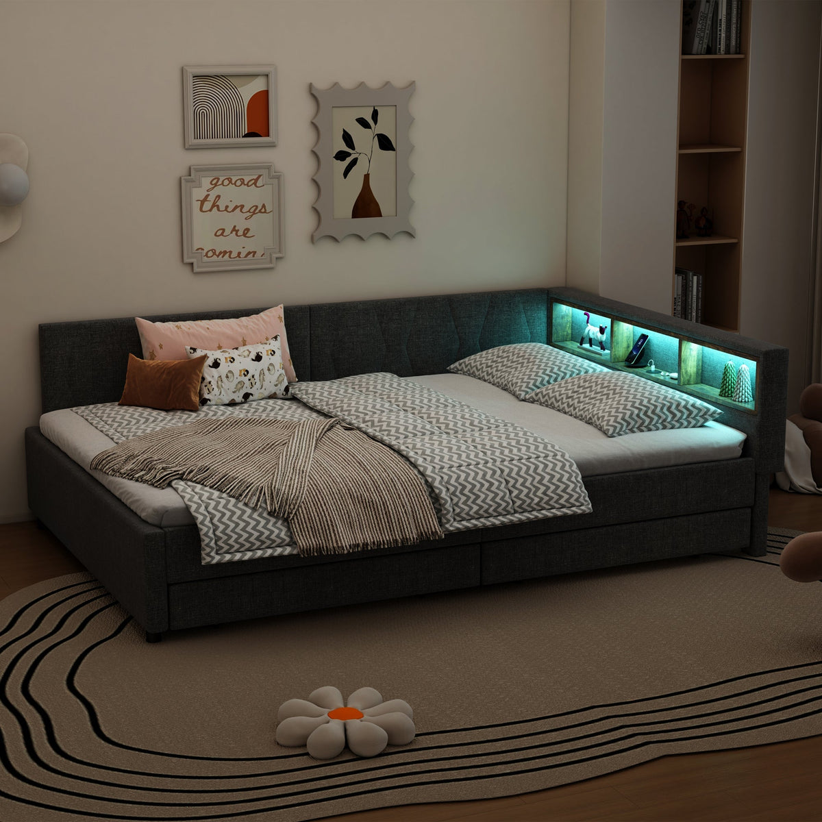 Daybed Sofa Bed 140x200cm Storage LED USB/Type-C 2 Drawers - Linen Grey