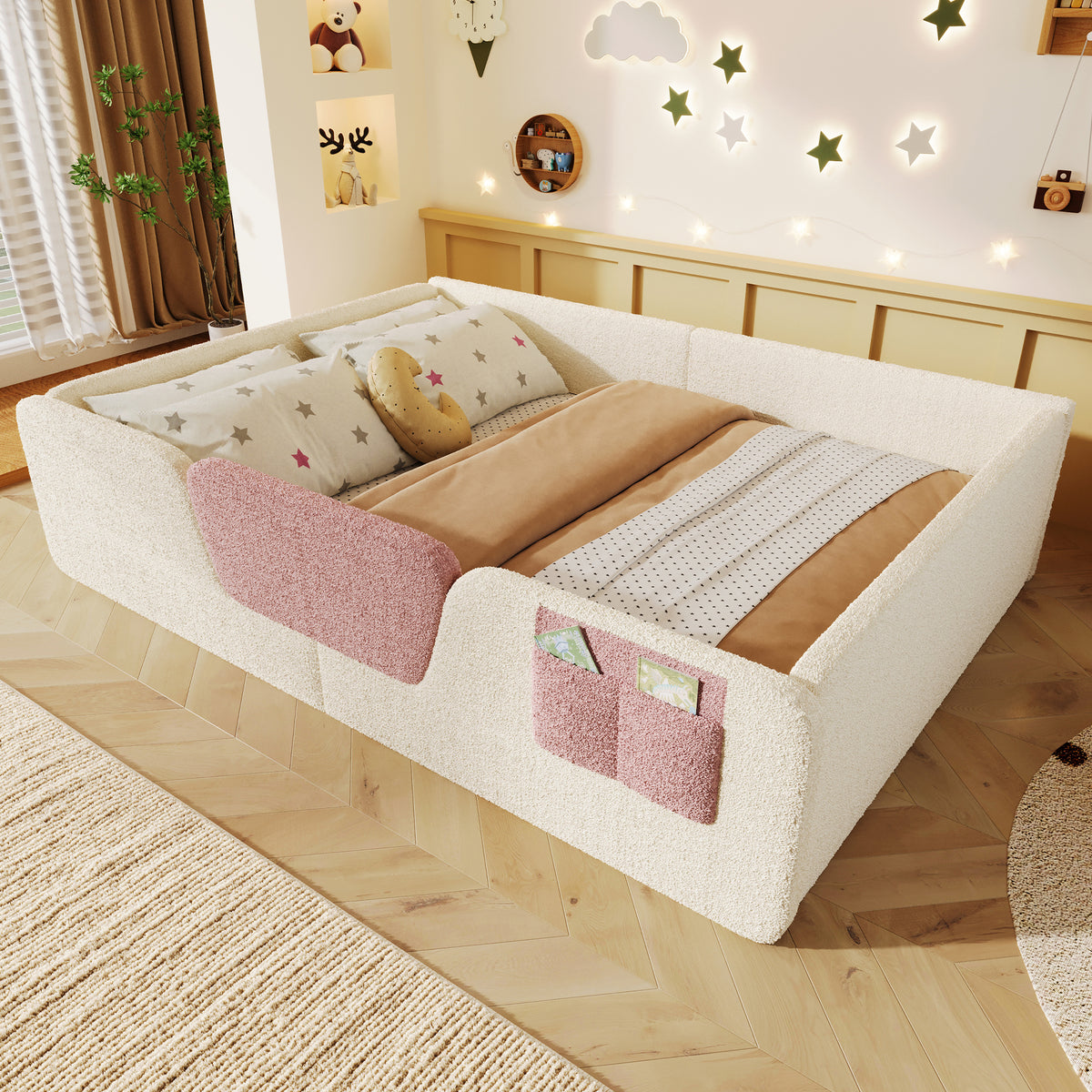 Upholstered Bed 140x190cm with Safety Rails & Storage, Beige Velvet