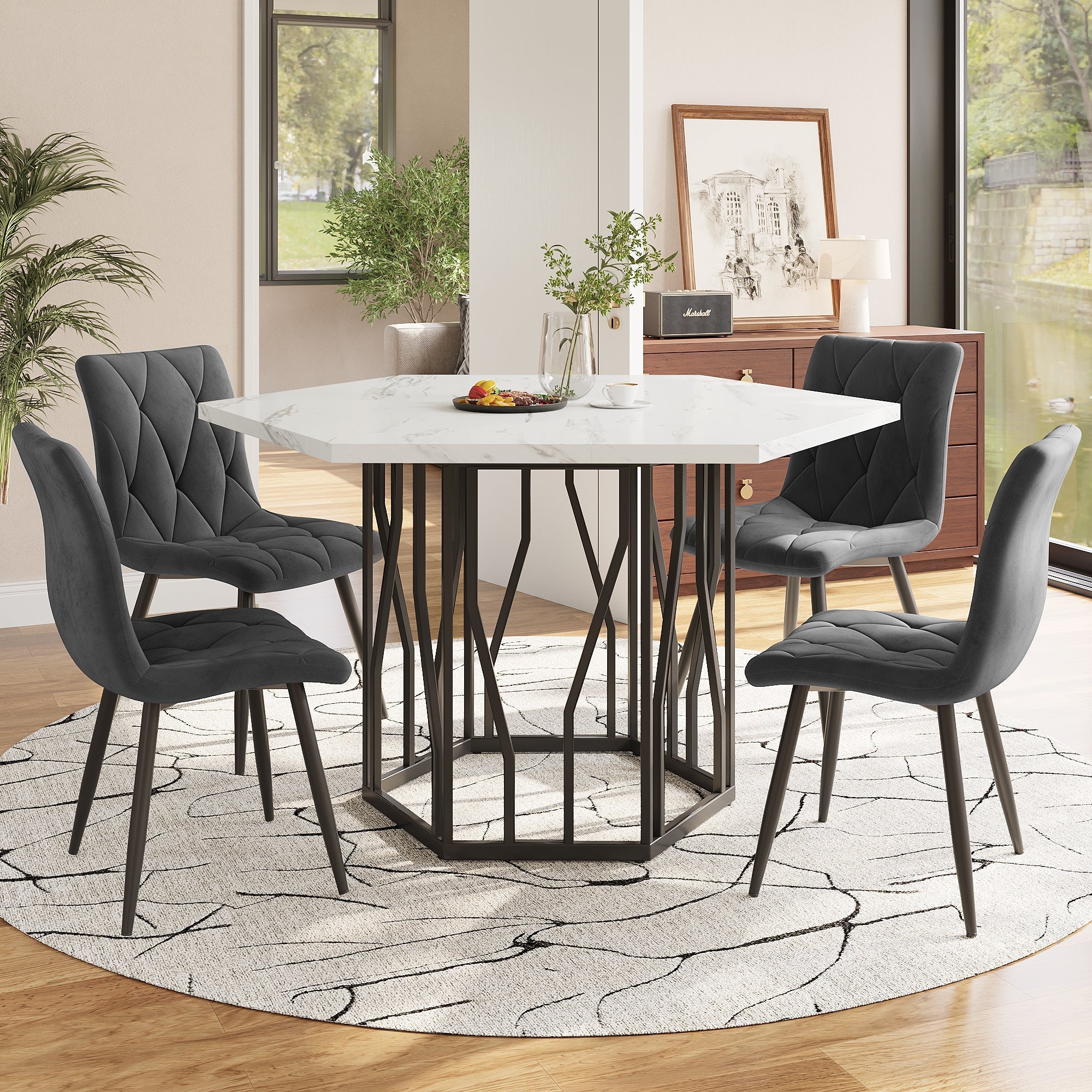 Dining Set 5-Piece, Hexagonal Marble Table with 4 Velvet Chairs, Grey Velvet