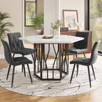 Dining Set 5-Piece, Hexagonal Marble Table with 4 Velvet Chairs, Grey Velvet