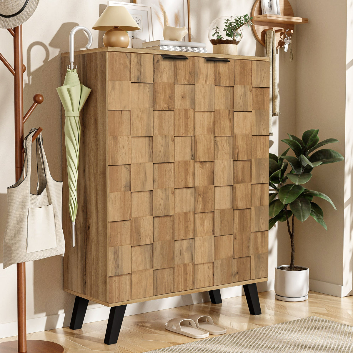 Sideboard Shoe Cabinet with 5 Adjustable Compartments, Wood
