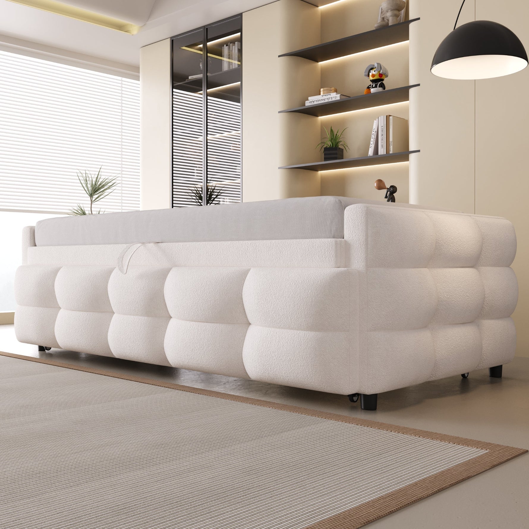 Extendable Upholstered Sofa Bed with Slatted Frame and 90/180x190cm Mattress Support, Beige Teddy Velvet