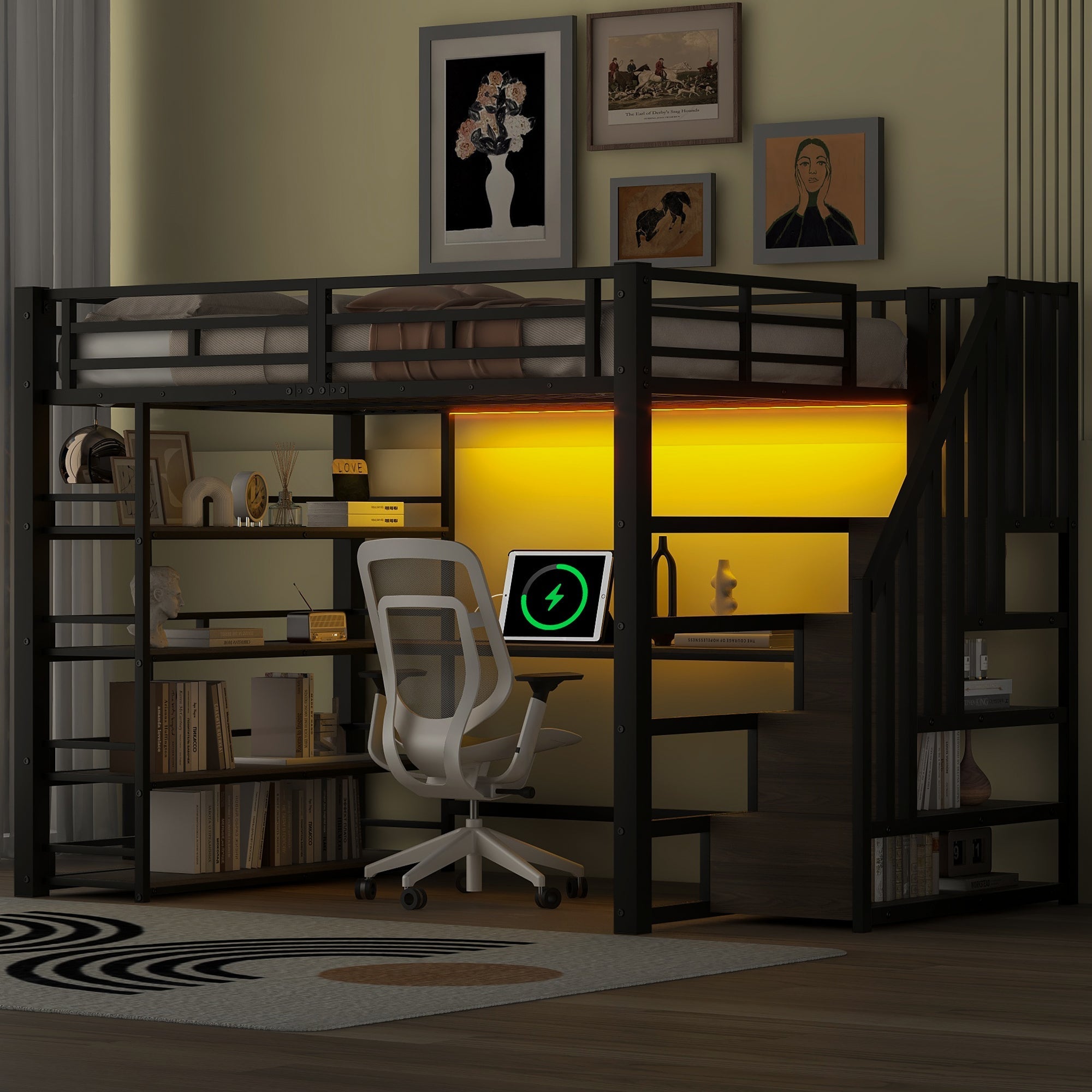 Metal Loft Bed with Stairs, Desk, Storage, USB and LED, 140x200, Black